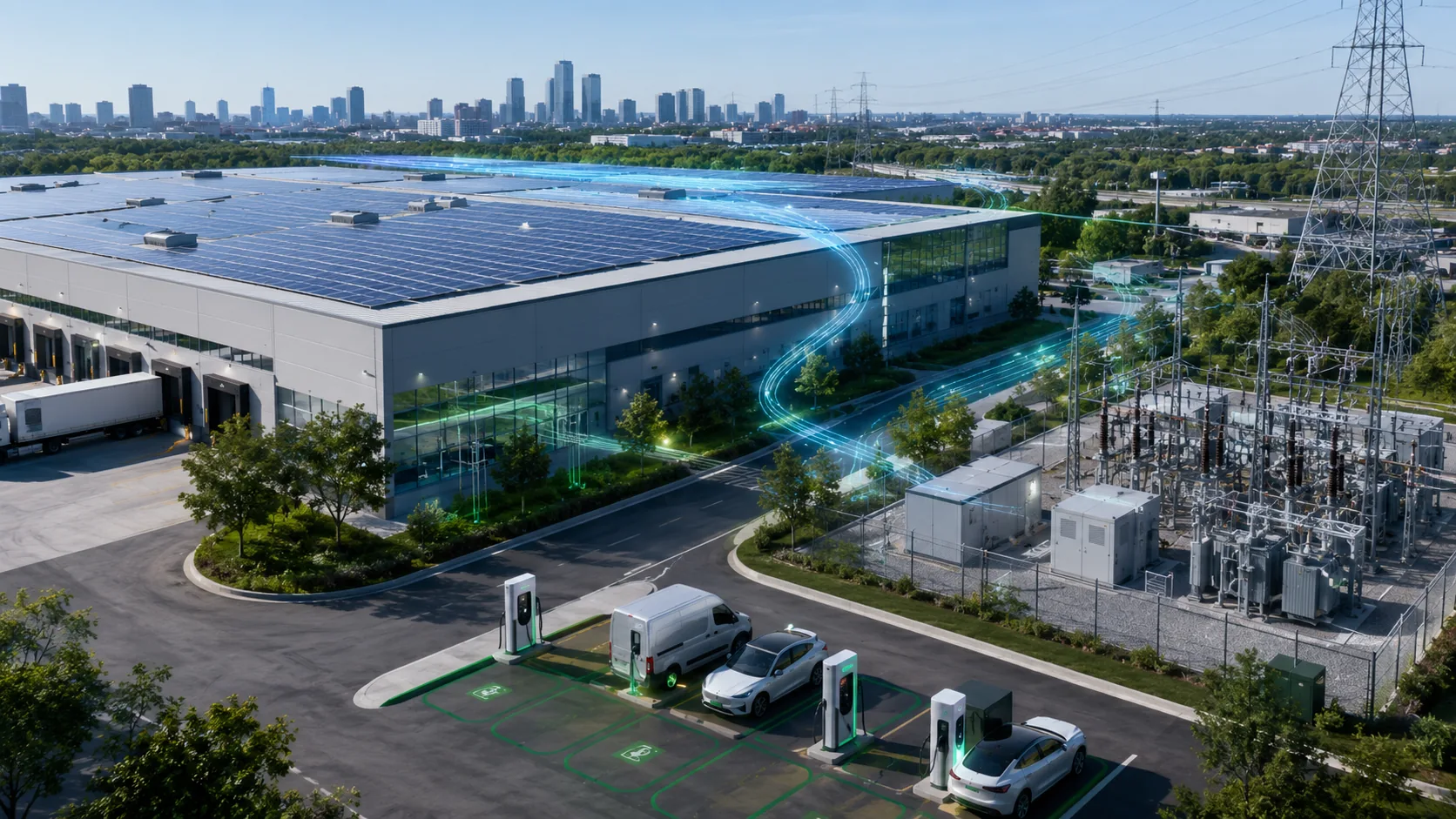 Energiehub met EV-laden, zonnepanelen en netstation